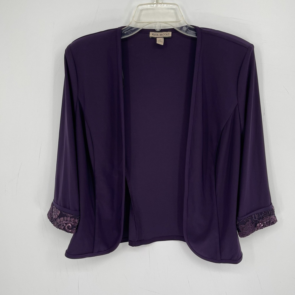 Maya Brooke Women's Purple Sequin Floral Trim Open Front Bolero Jacket Size 10